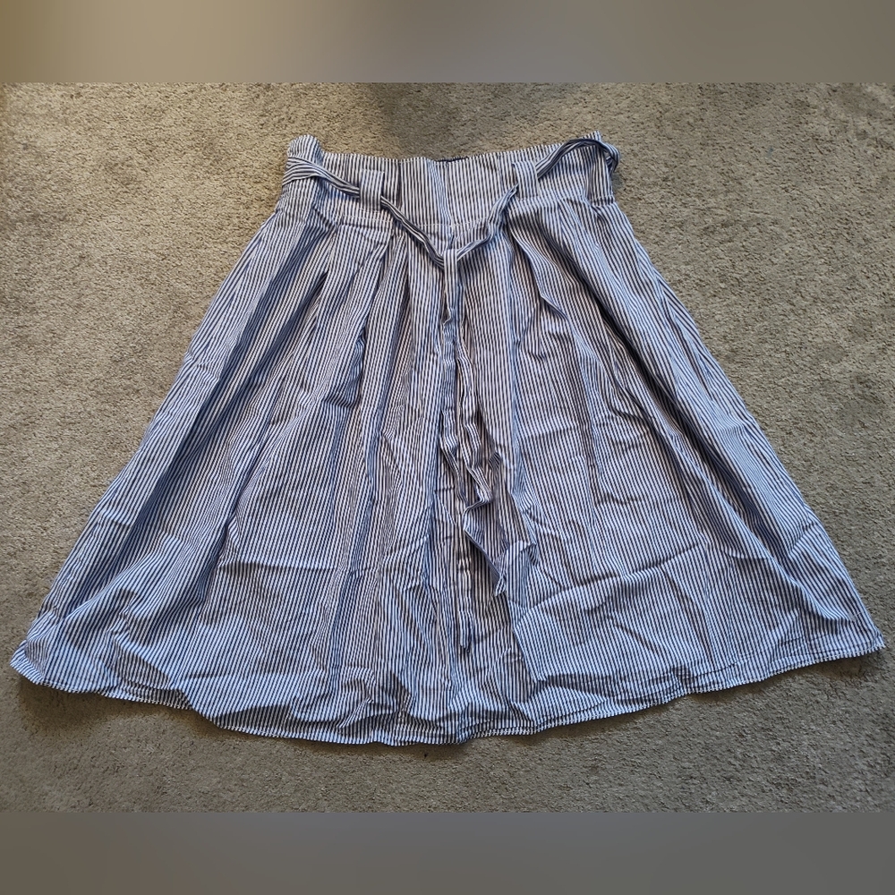 Blue and White Elastic Waist Cotton Skirt with Tie